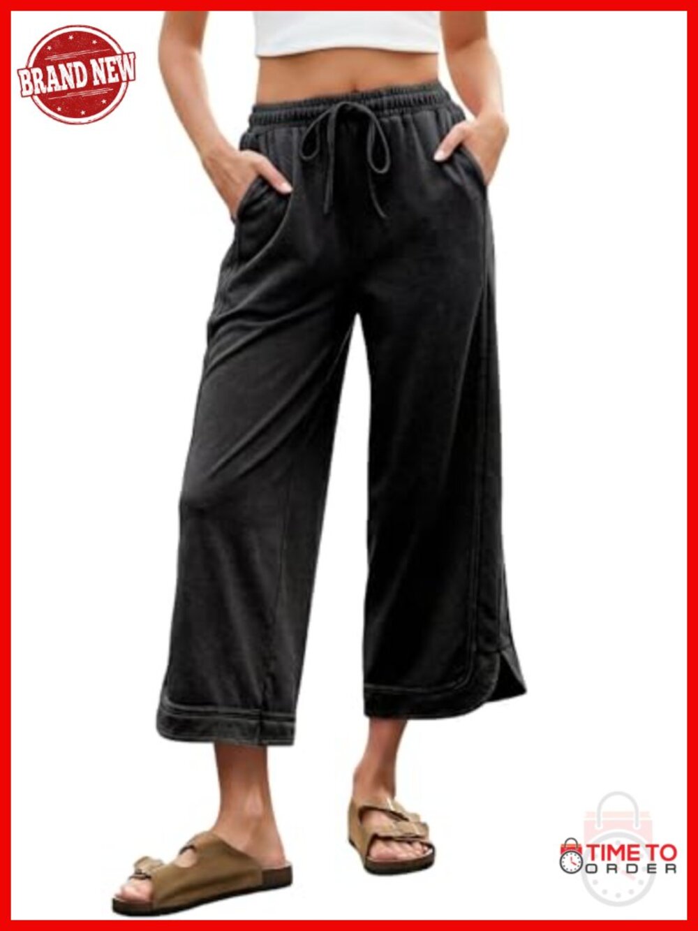 Acid Wash Baggy Wide Leg Sweatpants Cropped Capri Joggers with Drawstring